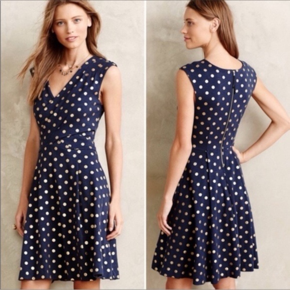 Anthropologie Maeve Navy Golden Polka Dot Dress Size S